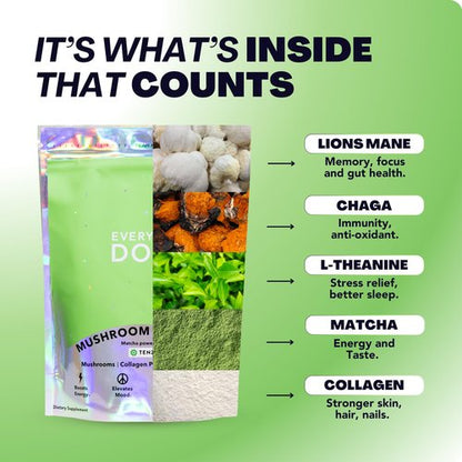 Everyday Dose Mushroom Matcha+ Ceremonial Grade Matcha Powder - Japanese Tea With Grass-Fed Collagen, Lion's Mane, Chaga, L-Theanine - For Better Focus, Energy, Digestion and Immunity - 30 Servings