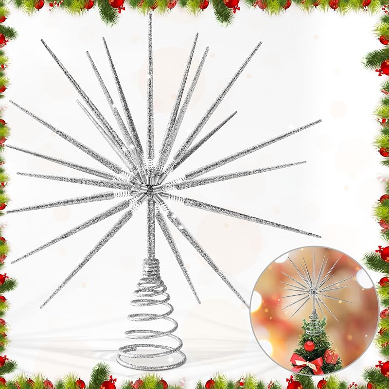 Silver Christmas Tree Topper 13.7 Inch – Exploding Star Burst, Two-Piece Base