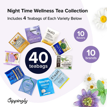 Sippingly Night Time Tea Sampler – 40 Herbal Teas – 10 Flavors from Top Brands – Chamomile, Lavender, Passionflower – Perfect Relaxation & Sleep Support – Ideal Wellness Gift – Kosher, Gluten-Free