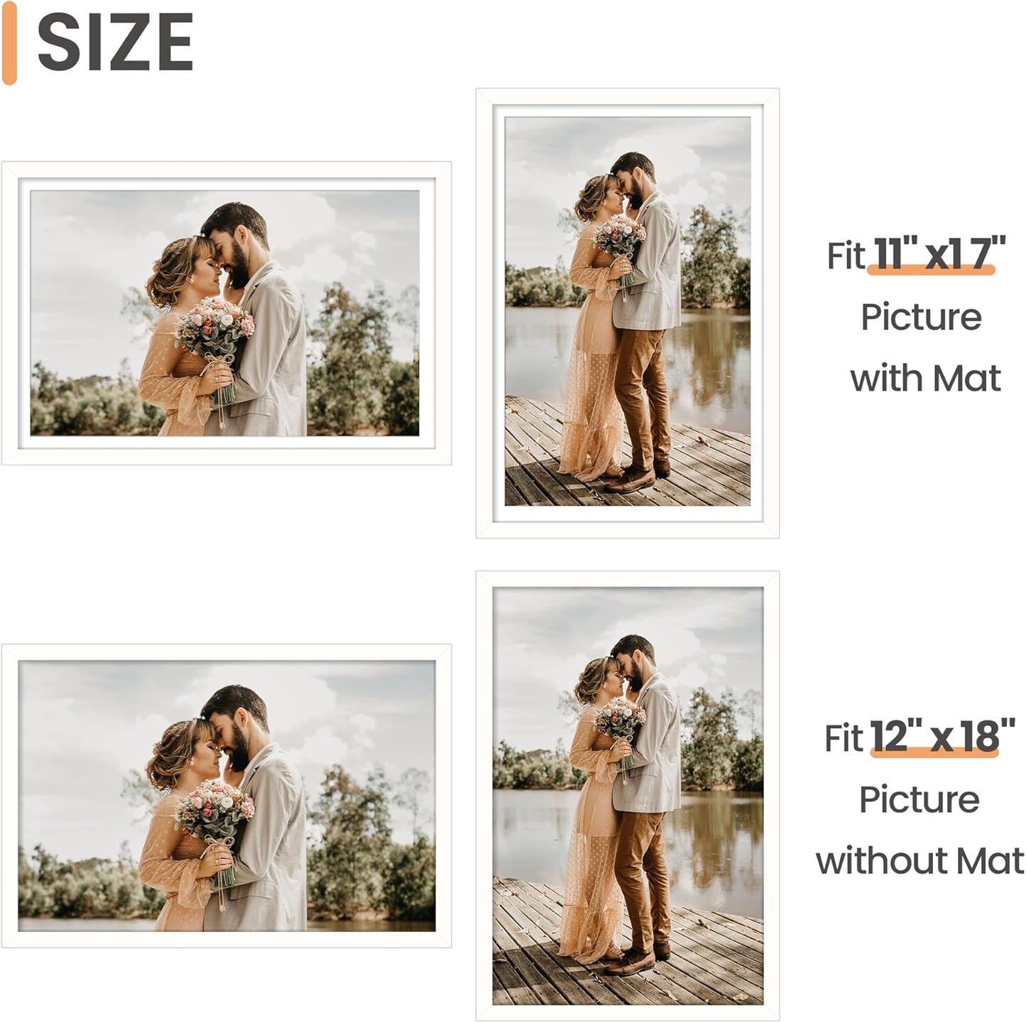 Upsimples 12x18 Picture Frame - Versatile Display for 11x17 with Mat or 12x18 Without - White, 1 Pack