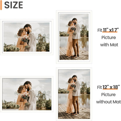 Upsimples 12x18 Picture Frame - Versatile Display for 11x17 with Mat or 12x18 Without - White, 1 Pack