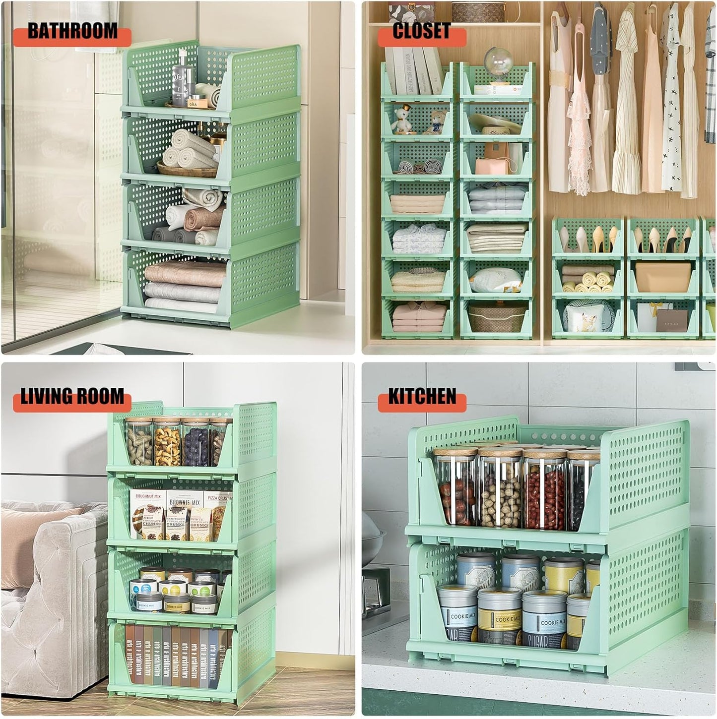 Stackable Plastic Storage Drawers - Closet Organizer Bins for Clothes | 5 Green Open Storage Bins