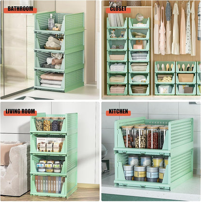 Stackable Plastic Storage Drawers - Closet Organizer Bins for Clothes | 5 Green Open Storage Bins