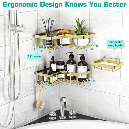 YASONIC Corner Shower Caddy - 3-Pack Adhesive Bathroom Organizer with Soap Holder & Hooks | Rustproof Stainless Steel, Gold