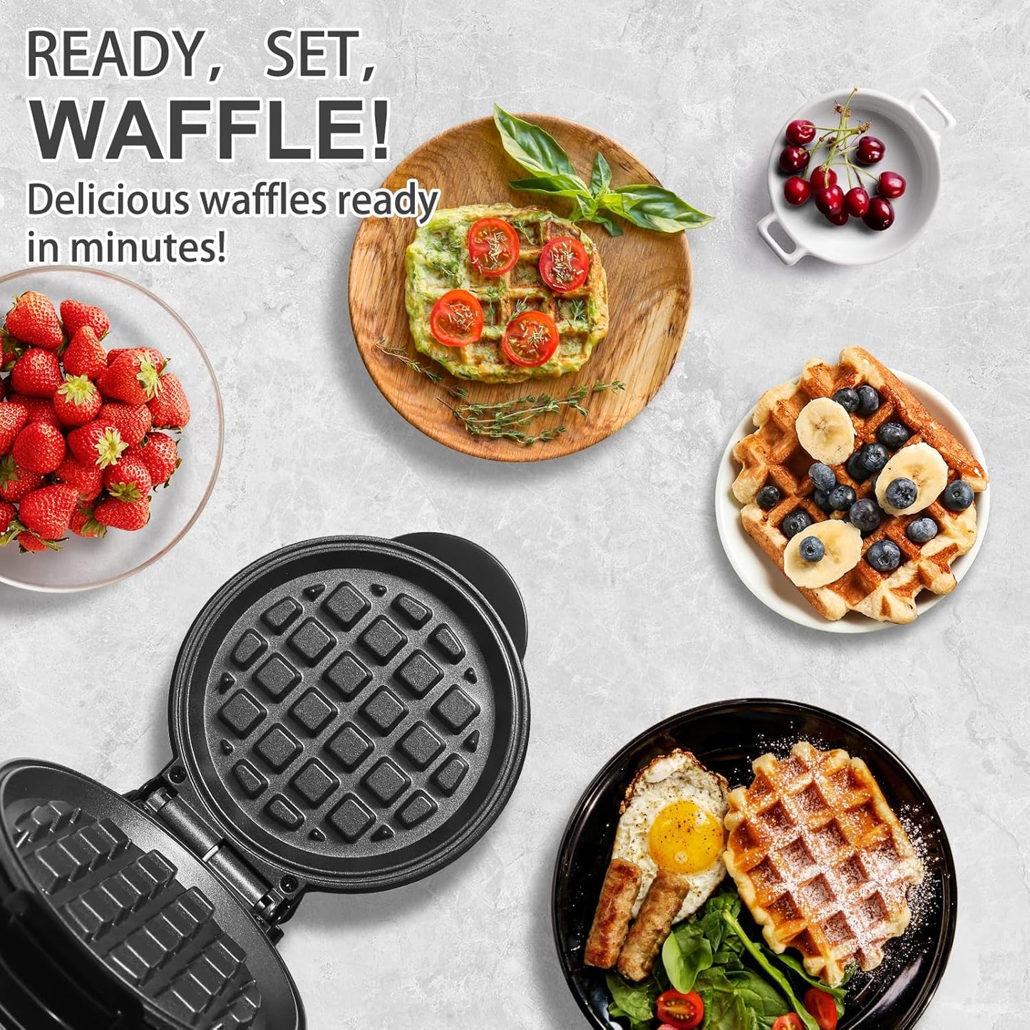 Skiennix Mini Waffle Maker - Non-Stick Breakfast Belgian Waffles | Portable 5-Inch Iron, Easy to Clean, Black