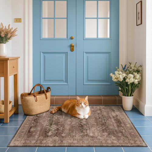 Boho Taupe Brown 3x5 Area Rug - Modern Vintage Washable Non-Slip Design for Entryway & Kitchen