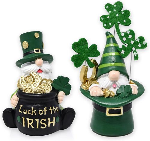Gift Boutique St. Patrick’s Day Leprechaun Gnome Figurines - Set of 2 Irish Lucky Tabletop Decor with Gold Pot & Shamrocks