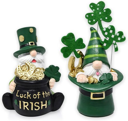 Gift Boutique St. Patrick’s Day Leprechaun Gnome Figurines - Set of 2 Irish Lucky Tabletop Decor with Gold Pot & Shamrocks