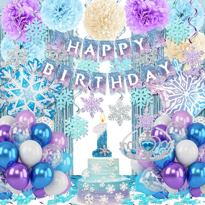 Skiennix Birthday Decorations - Winter Snow 1st Birthday Party Supplies with Balloons, Crown & Banner