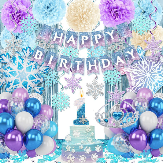Skiennix Birthday Decorations - Winter Snow 1st Birthday Party Supplies with Balloons, Crown & Banner