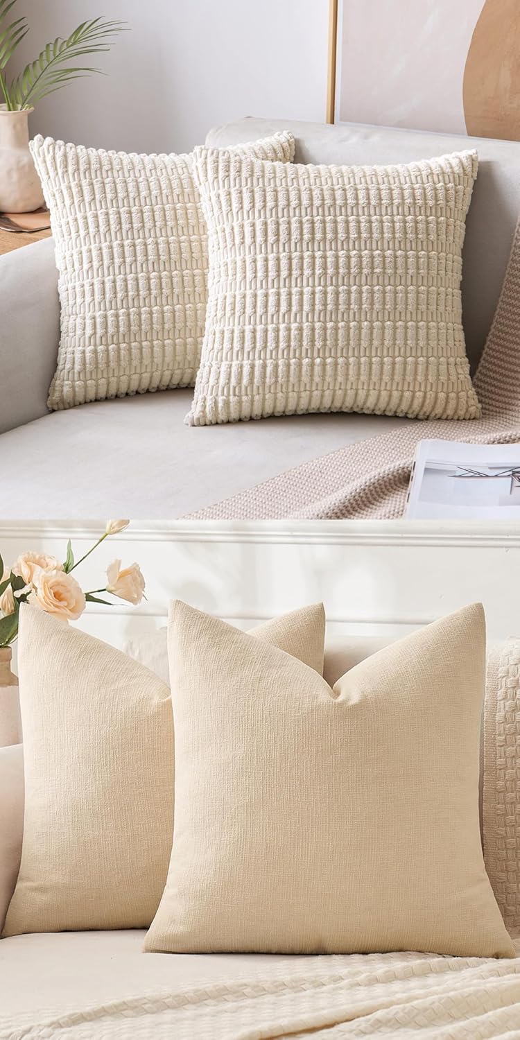 MIULEE Corduroy Decorative Throw Pillow Covers - Soft Chenille, 18x18 Inch, Cream White & Beige (Set of 2)