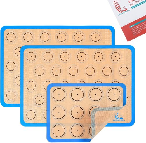 Folksy Super Kitchen Silicone Macaron Baking Mat Set - Non-Stick Oven Liner for Cookies | 3 Pieces (2 Half Sheets & 1 Quarter Sheet) - Blue (16.5x11.6)