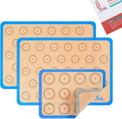 Folksy Super Kitchen Silicone Macaron Baking Mat Set - Non-Stick Oven Liner for Cookies | 3 Pieces (2 Half Sheets & 1 Quarter Sheet) - Blue (16.5x11.6)
