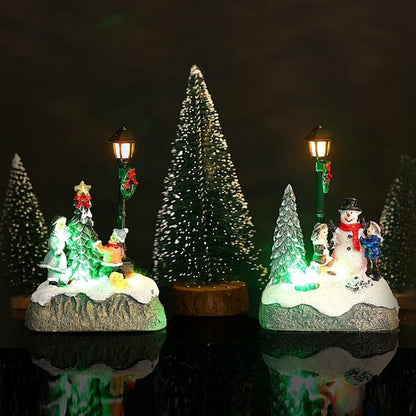 Karenhi Christmas Village Set - 2 Pcs Snowman, Tree & Santa Figurines with LED Lights | Rustic Tabletop Decor