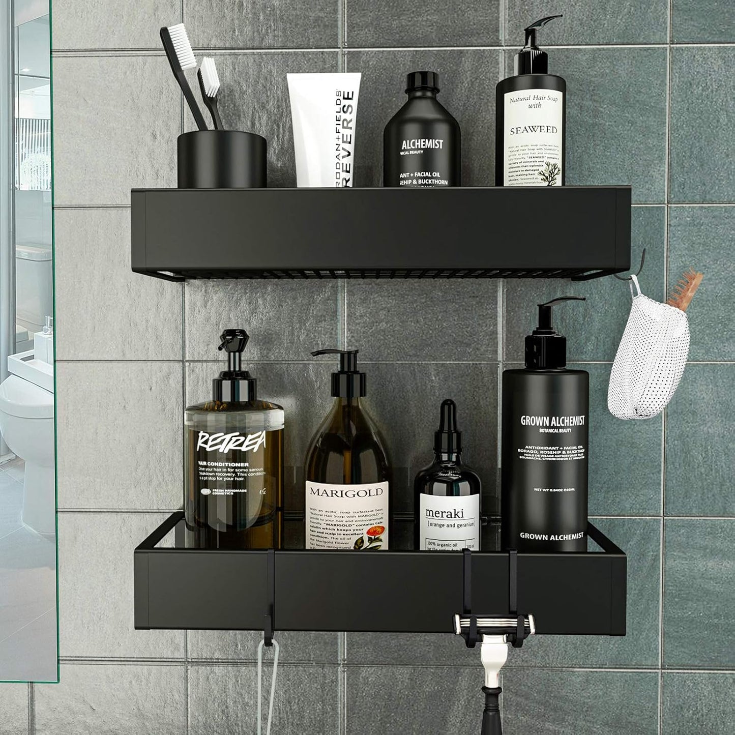 Skiennix Shower Caddy - Adhesive Organizer with Hooks | No-Drill Storage for Bathroom & Kitchen - 2 Pack Black