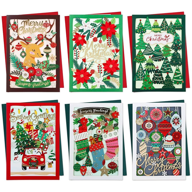 6 Pack 3D Laser Cut Christmas Cards - Xmas Holiday Set, Variation of THIS listing: Christmas03