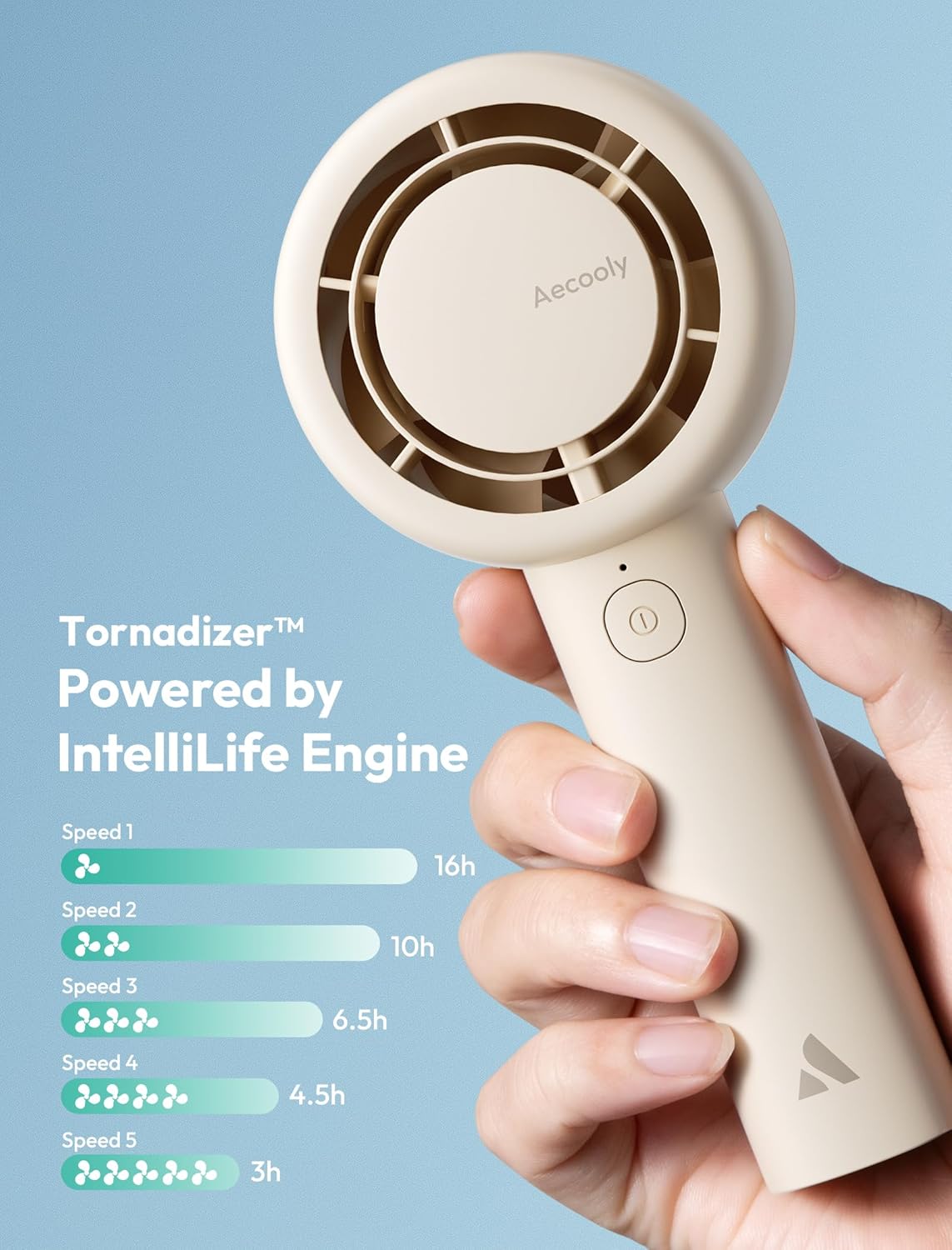 Aecooly Portable Handheld Turbo Fan - 5 Speed USB Rechargeable Mini Cooling Fan | 16H Max Cooling Time - Beige