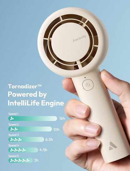 Aecooly Portable Handheld Turbo Fan - 5 Speed USB Rechargeable Mini Cooling Fan | 16H Max Cooling Time - Beige