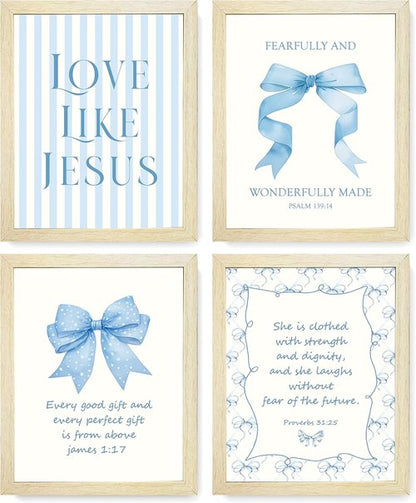 LARTSFRO Coquette Blue Bow Wall Art Decor - Inspirational Bible Verses | Set of 4, 10x8 Inch for Teen Girls
