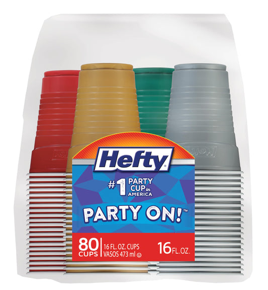 Hefty Party On Disposable Plastic Party Cups, 80 Count, 16 Oz Cups in Assorted Colors for Gatherings, Parties, and More, Textured Sides for Easy Gripping, Strong and Durable