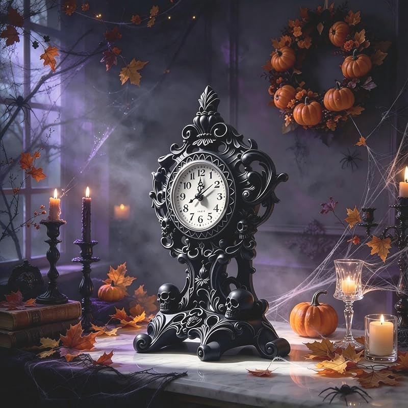 Halloween Skull Wall Clock - Resin Skeleton Tabletop Clock, Black Variant