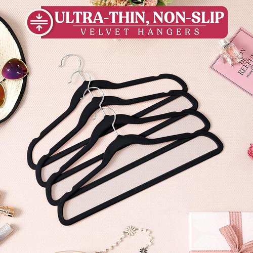LDC Black Velvet Hangers - Premium Non-Slip Felt Clothes Hangers | 50 Pack with 360° Swivel Hook