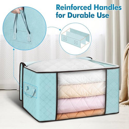 Budding Joy 90L Large Storage Bags - 4 Pack Foldable Closet Organizers for Clothes & Blankets (Blue)