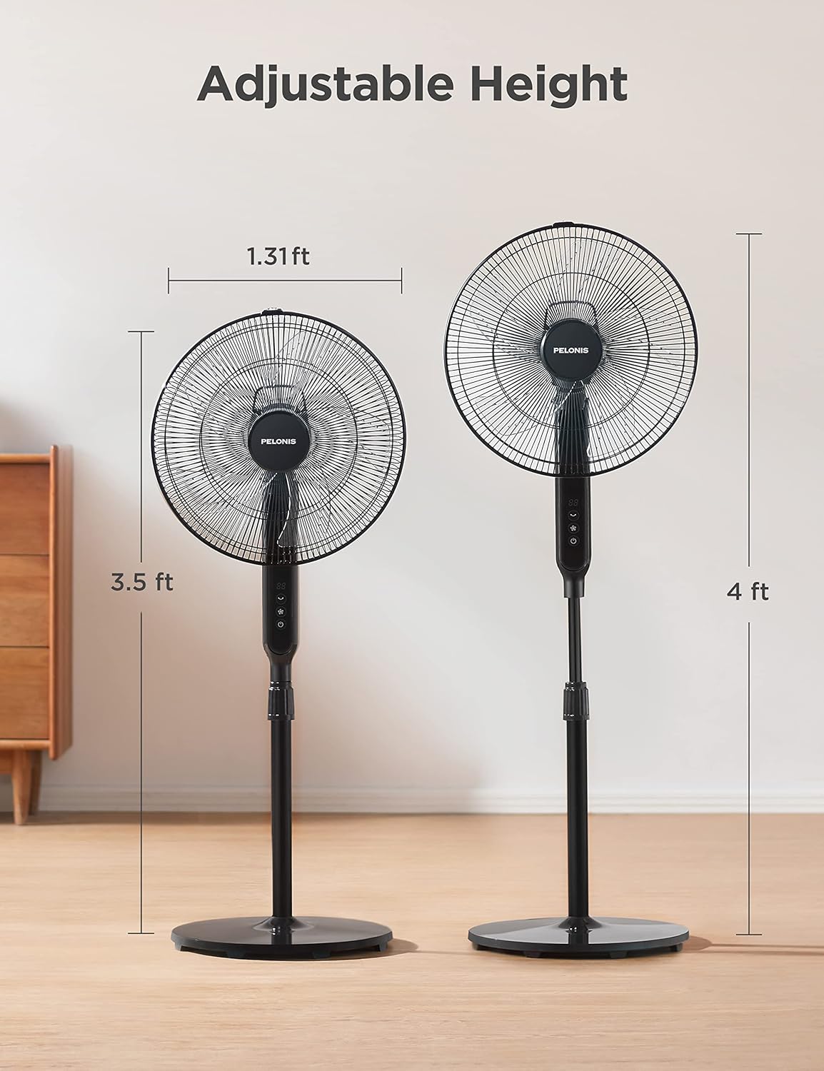 Pelonis 16" Oscillating Pedestal Fan - Ultra Quiet DC Motor, Adjustable Height, Remote Control | Black