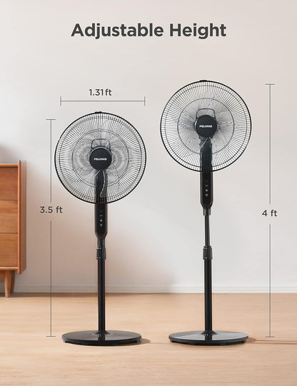 Pelonis 16" Oscillating Pedestal Fan - Ultra Quiet DC Motor, Adjustable Height, Remote Control | Black