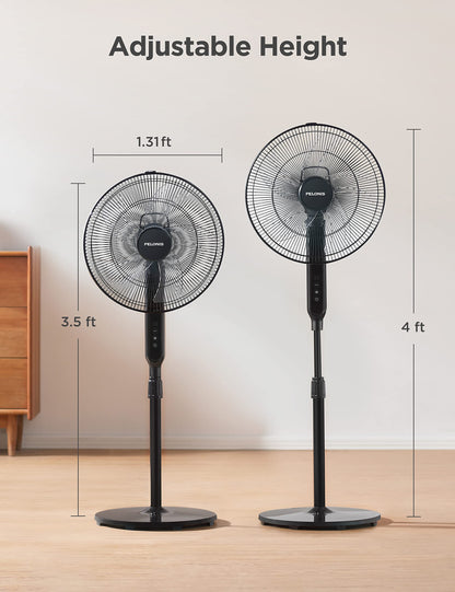 PELONIS 16" Oscillating Pedestal Stand Up Fan | Adjustable Height | Ultra Quiet DC Motor | Remote Control | 12 Speed | 12-Hour Timer | High Energy Efficiency | for Bedroom Home Office Use | Black