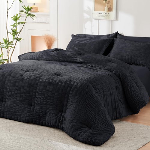HYMOKEGE Black Oversized King Comforter Set Seersucker 7 Pieces, All Season Luxury Bed in a Bag for Bedroom, Bedding Set with Comforter, Sheets, Pillowcases & Shams