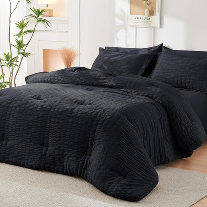 HYMOKEGE Black Oversized King Comforter Set Seersucker 7 Pieces, All Season Luxury Bed in a Bag for Bedroom, Bedding Set with Comforter, Sheets, Pillowcases & Shams