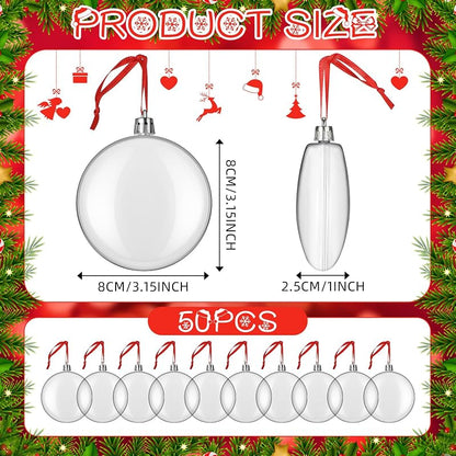 Jenaai 50 Pcs Clear Fillable Christmas Ornament Balls - 3.15 Inch Round Plastic
