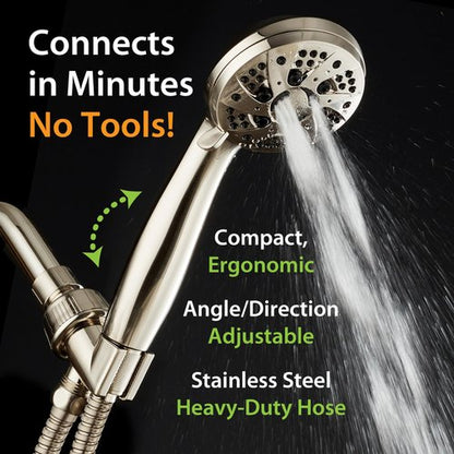 AquaDance High Pressure 6-Setting Full Brushed Nickel Handheld Shower Head with Stainless Steel Hose. Officially Independently Tested to Meet Strict US Quality & Performance Standards!