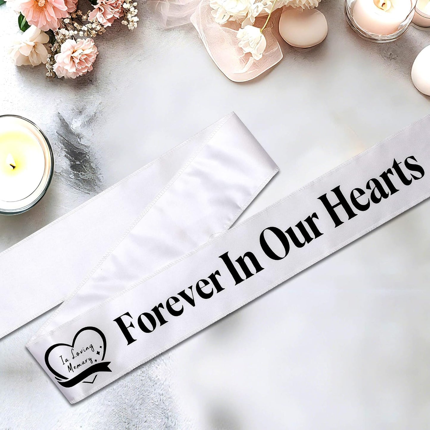 Regine Switzerland Elegant Funeral Wreath Sash - Forever in Our Hearts Memorial Ribbon for Graves & Wreaths (White)