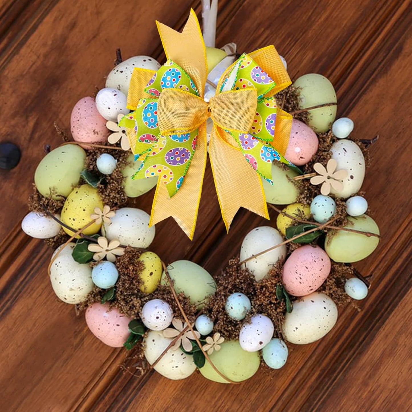 SIMISI Ribbon Easter Wreath Bow - Yellow Egg Basket Ornaments for Home Decor | 9.5 x 13 Inch