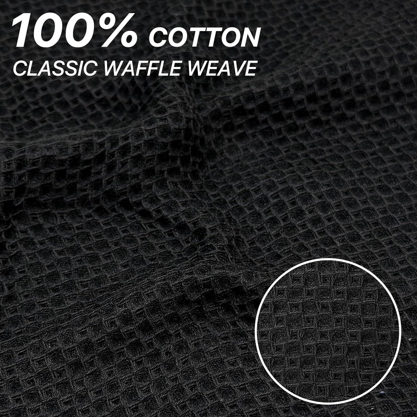 Skiennix 100% Cotton Waffle Weave Kitchen Towels - Ultra Soft & Absorbent, 6 Pack, 12x12 Inches | Black