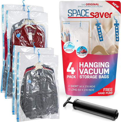 Skiennix Vacuum Storage Bags - 4 Pack Compression Bags with Hand Pump for Clothes & Jackets | Space Saver for Travel & Organization (2 Small & 2 Large)