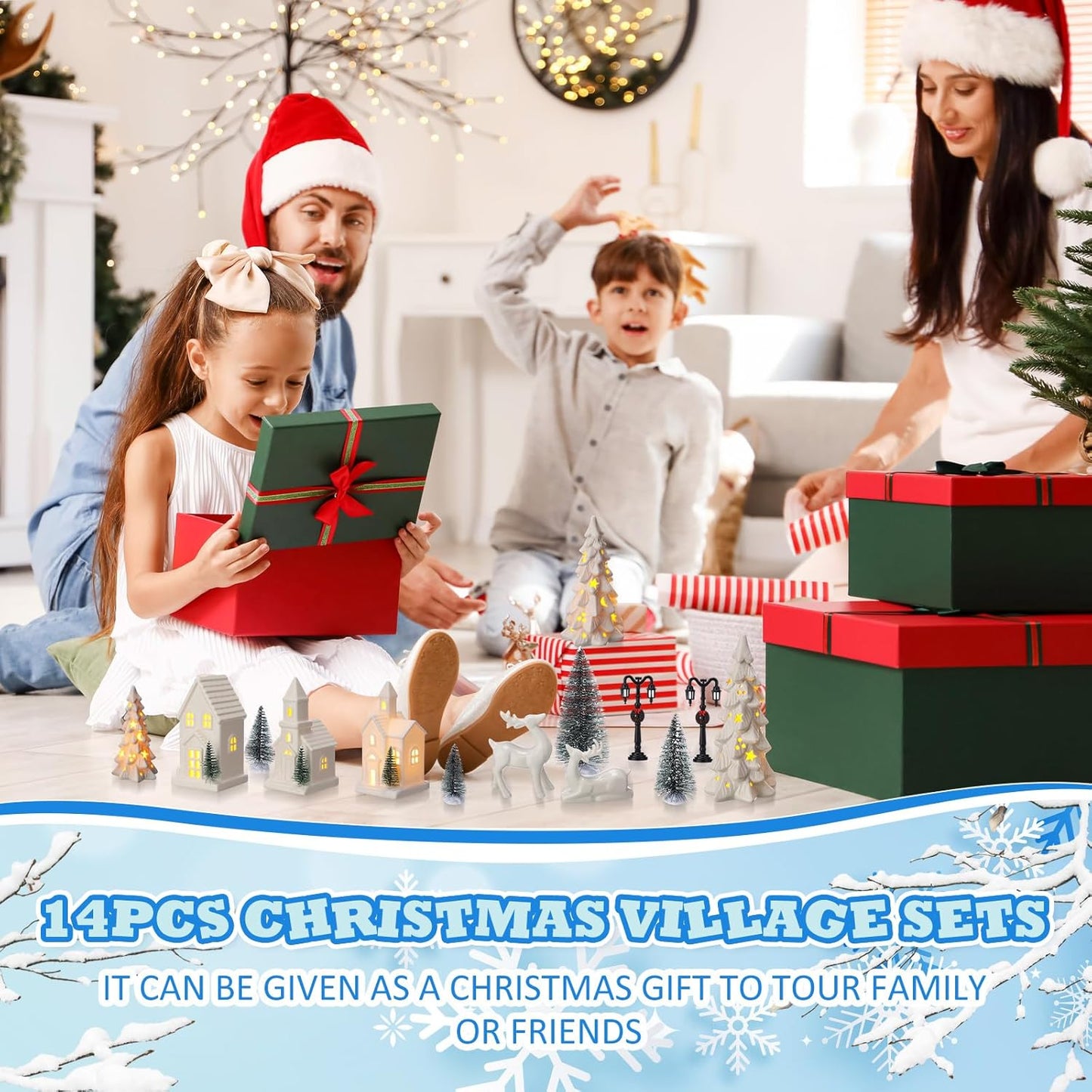 Nuogo 14 Pcs Ceramic White LED Christmas Village Houses Set | Includes Tree & Reindeer Figurine
