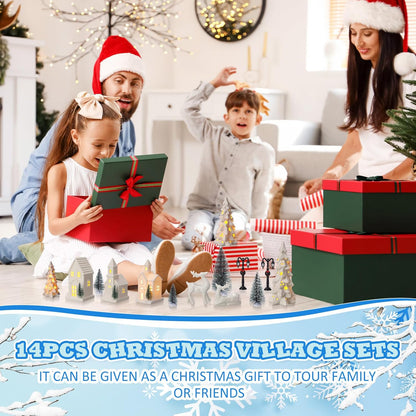 Nuogo 14 Pcs Ceramic White LED Christmas Village Houses Set | Includes Tree & Reindeer Figurine