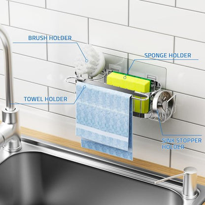 Cisily Silver Kitchen Sink Caddy - Stainless Steel Sponge Holder & Organizer | 2 Installation Options