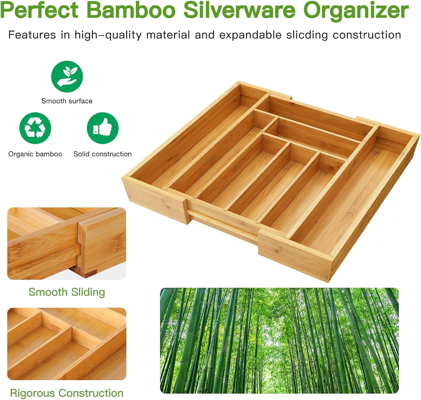 Pipishell Bamboo Silverware Organizer - Adjustable Utensil Tray for Kitchen & Home | Cutlery Holder
