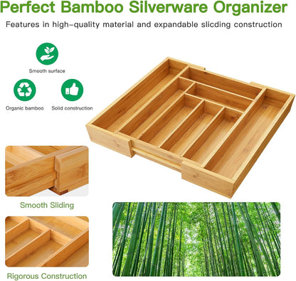 Pipishell Bamboo Silverware Organizer - Adjustable Utensil Tray for Kitchen & Home | Cutlery Holder