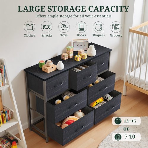 7-Drawer Dresser for Bedroom, Anti-Tip Wide Storage Organizer Fabric Chest of Drawers TV Stand for 45" TV with Wooden Top and Metal Frame for Closet, Living Room, Hallway, Entryway, Charcoal Black