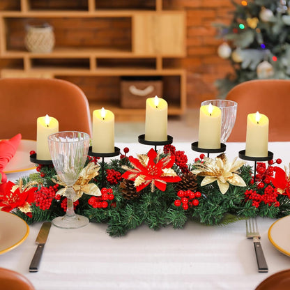Sliner Christmas Tabletop Centerpiece - 30-Inch Poinsettia Candle Holder with 5 LED Flameless Candles & Pine Cones
