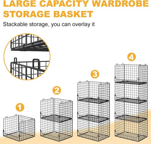 Jakyitvi 4-Tier Stackable Closet Organizer - Foldable Storage Bins for Clothes & Accessories - Sturdy Black Iron Mesh Shelves