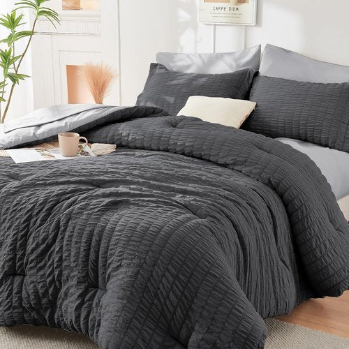 HYMOKEGE Full Size Comforter Set - 7-Piece Luxury Bedding in Dark Grey/Light Grey Seersucker