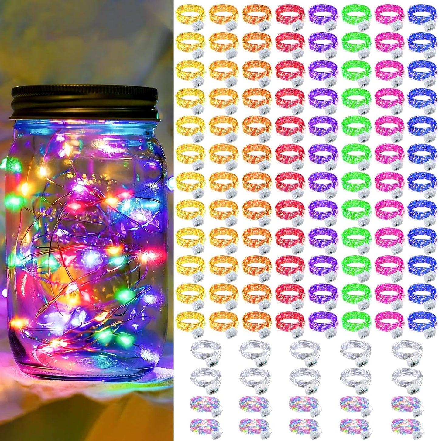 Skiennix 100 Pack Fairy Lights - 7Ft 20 LED Twinkle String Lights | Battery Operated & Waterproof for Mason Jar Decor, Weddings & Holidays
