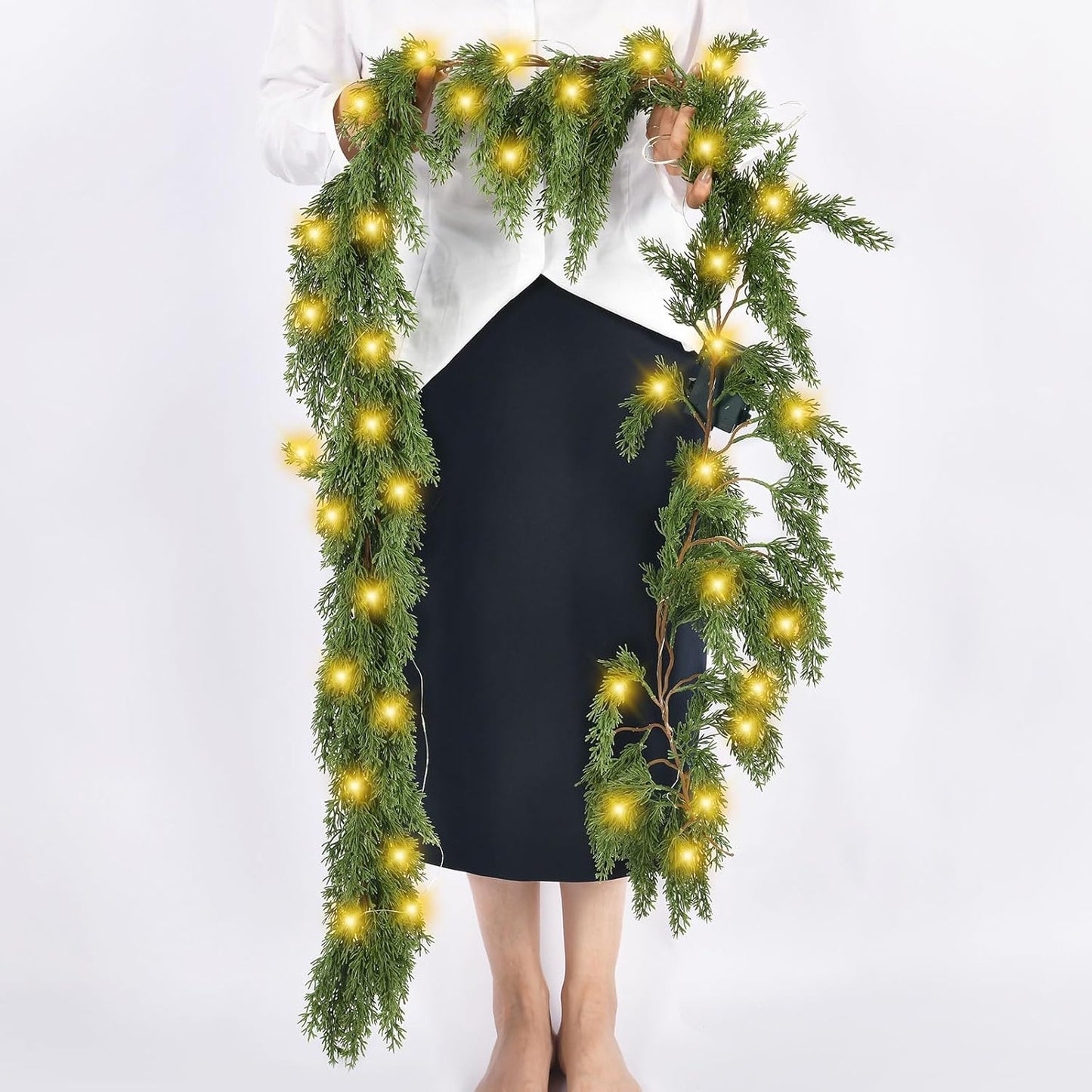 Skiennix 6.2FT Christmas Garland - Lush Greenery with Lights | Real Touch Cedar & Soft Pine Branches for Indoor/Outdoor Decor