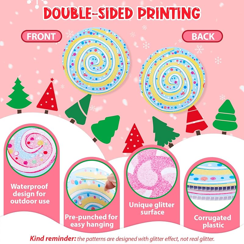 Pastel Christmas Candy Cane Ornaments Set — 25 Double-Sided Corrugated Plastic Decorations